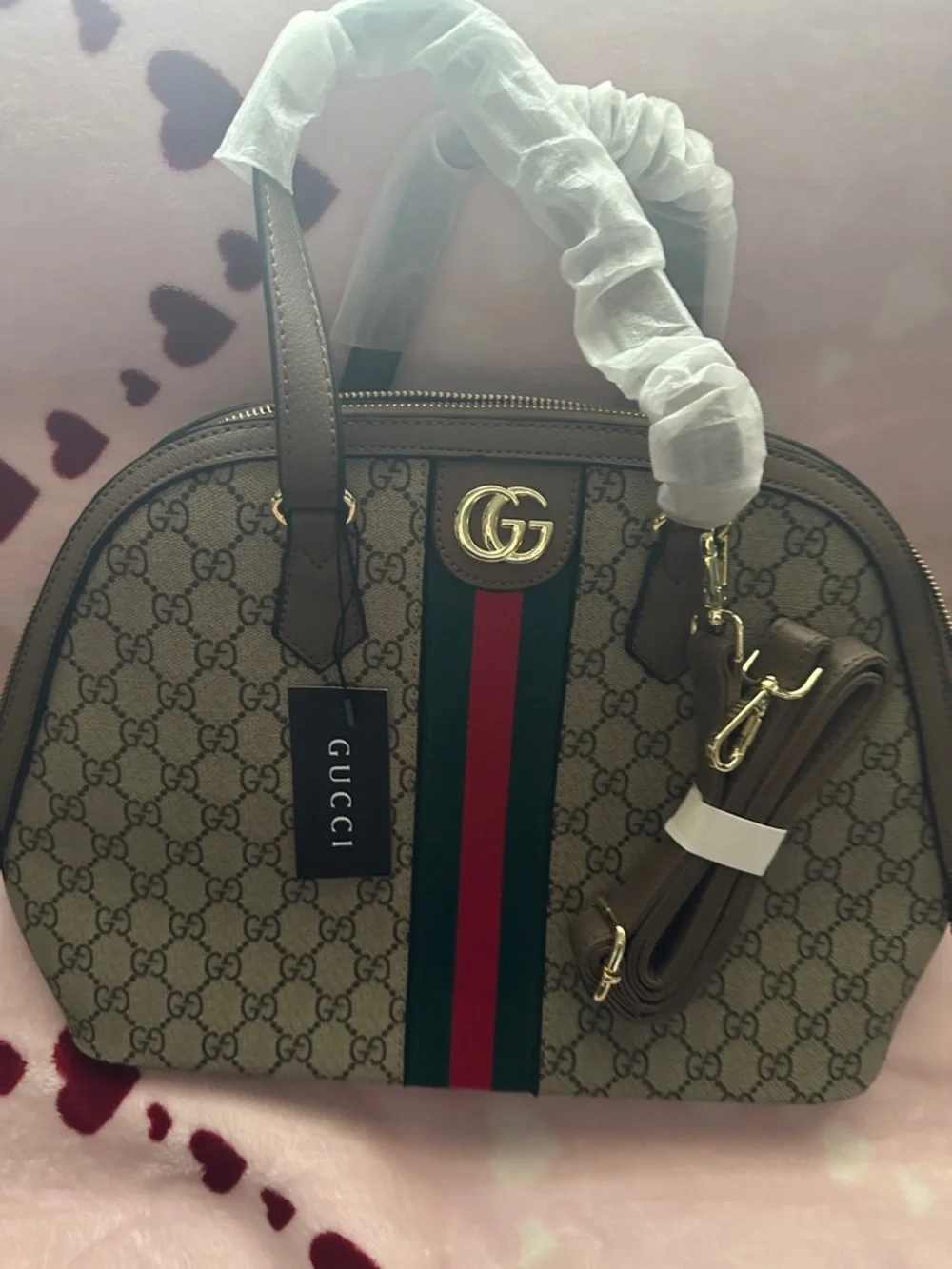 Beige GG Supreme Dome Satchel with Green-Red Web Stripe - Picture 7 of 11